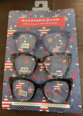 Max Studio Premium 3 Pair CAT'S EYE'S Reading Glasses BLUE, BLACK, TORTOISE NEW