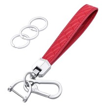 Leather Wristlet Keychain,Car Key Chain Wrist Keychain with 3 Key Ring and Red
