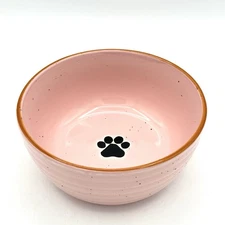 Signature Dog Bowl Stoneware Pink With Black Speckles Dog Print 6 X 2.5 Inches