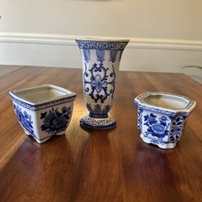 Vintage Square & Octagonal Chinoiserie Blue and White Ceramic Pots & Vase EUC