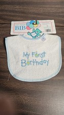 Vintage NOS New Hamco Terry Velour BIB My First Birthday White Blue