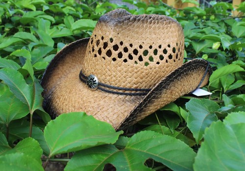 Classic Outback Black Stained Western Cowboy Straw Hats / Sun Buckle Chin Cord - 第 3/4 張圖片