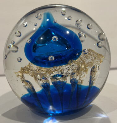 M Design Art Mouth Blown Blue Bubble Handmade Art Glass Paperweight. 3  DIA