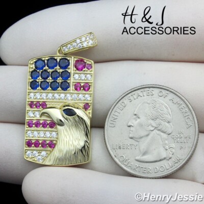 MEN 925 STERLING SILVER ICY BLING CZ GOLD PLATED 3D EAGLE DOG TAG PENDANT*AGP465