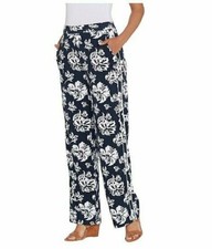 Dennis Basso Caviar Crepe Printed Wide Leg Pull-On Pants Navy White XX-Small