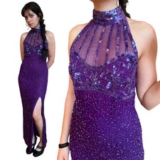 Vintage Purple High Neck Sleeveless Sequin Evening Gown Maxi Sheath Dress Slit