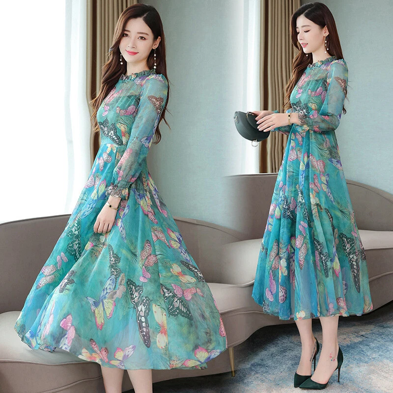 Womens Fashion Floral Print Long Sleeves Skirt Chiffon Maxi Summer Beach  Dress