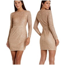 Mac Duggal NWT Long Sleeve Sequin Beaded Mini Dress Nude Beige Size 4 High Neck