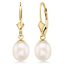 14K Gold 9MM Cultured Freshwater Pearl Dangle Earrings For Yellow Gold White
