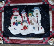 Vintage Handmade Quilted Holiday Wall Hanging With Snowman Family
