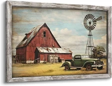 Farmhouse Bedroom Wood Wall Art: Red Barn Framed Picture Rustic Windmill Rural A