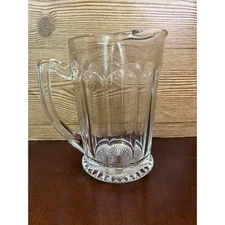 Vintage Antique Heavy Wide Paneled Glass Water Pitcher w Ice Lip