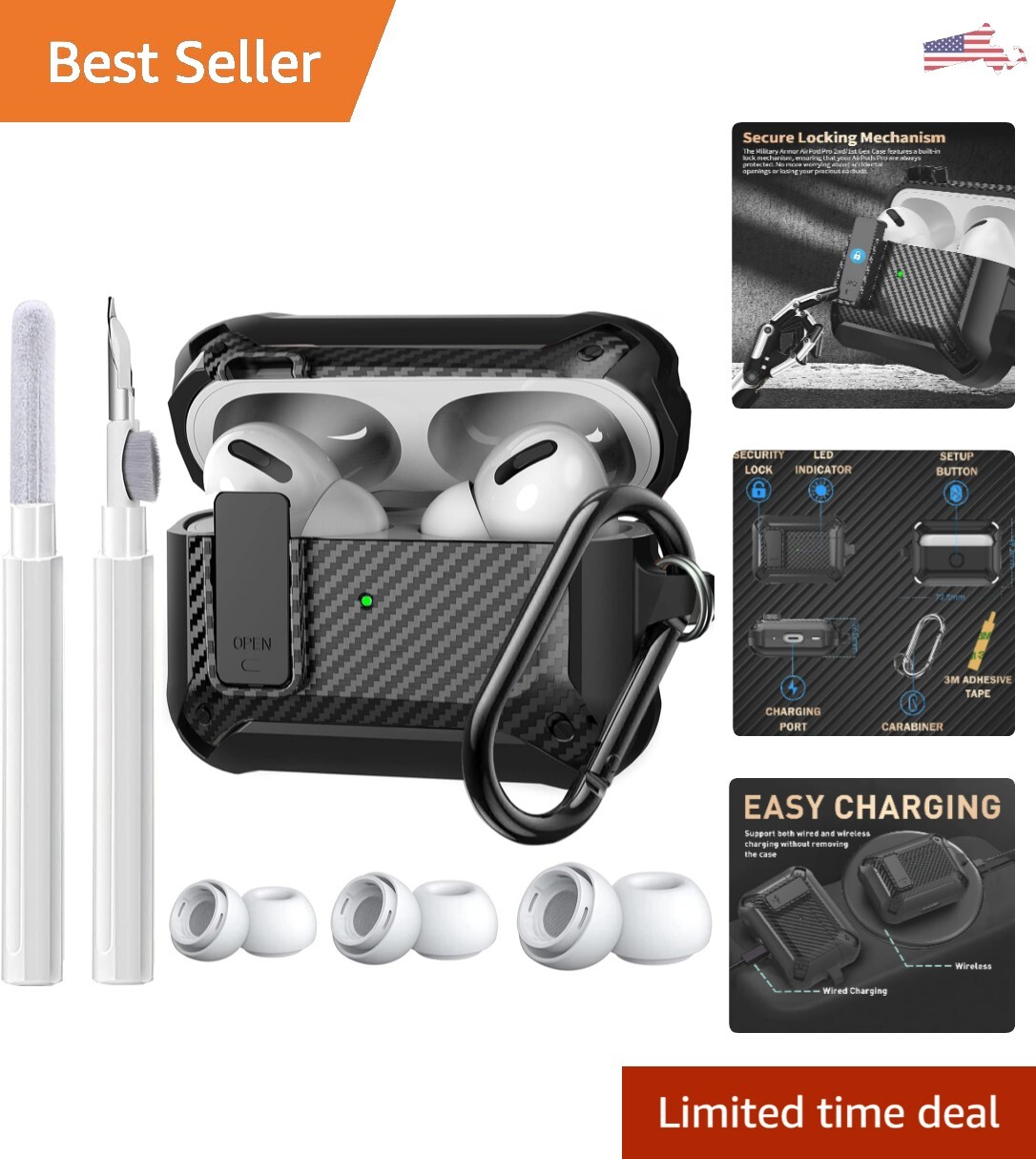 Rugged Robust Airpods Pro 2 Gen/Pro Case with Lock, Cleaner Kit & Ear Tips S/M/L-image