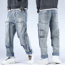 Fashion Mens Denim Baggy Jeans Hip Hop Cargo Pants Loose Trouser Casual Wide Leg