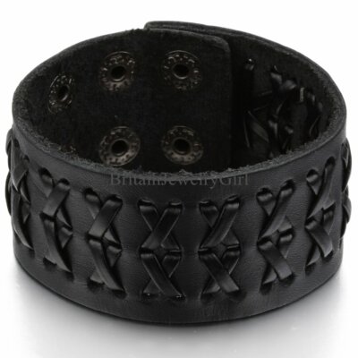 Men Women Wide Braided Black Leather Bracelet Cuff Bangle Wristband Adjustable