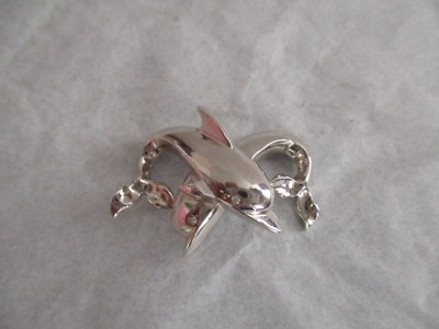 Etalong Jenavi Silvertone Dolphin Pair Slide Pendant, Swarovski Crystal Eyes EUC