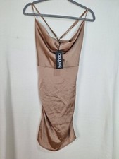 Boohoo Ladies Size 8 Florence Satin Cowl Neck Bodycon Dress Mocha New