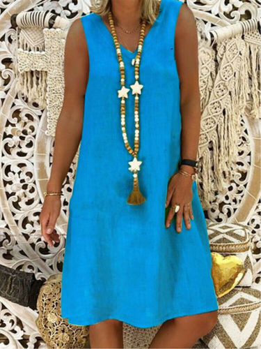 Women's V-neck Sleeveless Baggy Summer Sun Dress Cotton Blend Mid Length  Dress | eBay