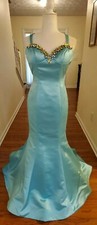 Sherri Hill Aqua Prom Satin Beaded Dress Ball Gown Size 2