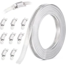 10Ft Stainless Steel Worm Gear Hose Clamp Metal Strap with 8 Fasteners