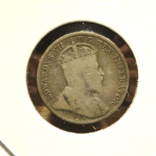 One(1) 1909 "Round Leaf" Canada Edward VII 5c Piece SILVER 121
