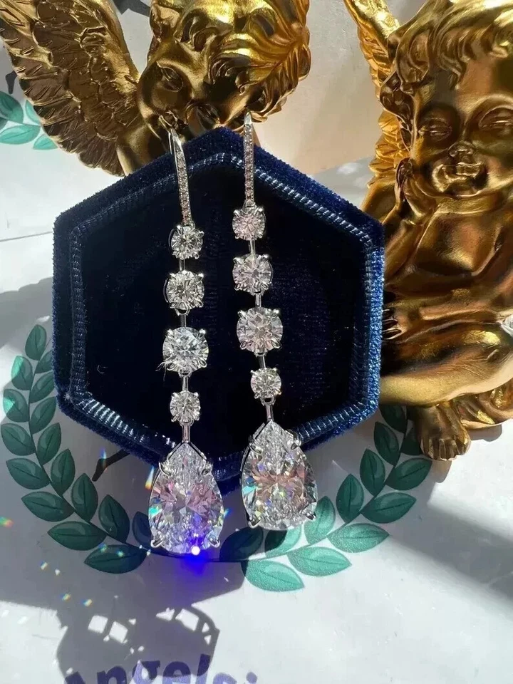 3Ct Pear Cut Lab Created Diamond Women Drop Dangle Earring 14K White Gold Plated - Image 4 of 4