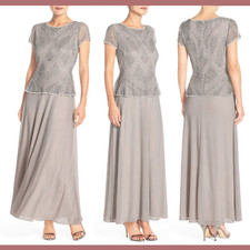 NWT Pisarro Nights Embellished Mesh Chiffon Gown in Silver/Grey SZ 6 N700
