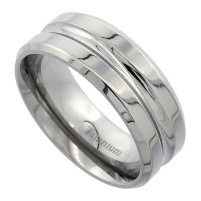 8mm Titanium Wedding Band Ring, Deep Groove Center Beveled Edges Polished Finish