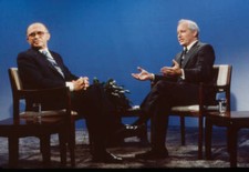 Israeli Prime Minister Menachem Begin being interviewed 1980s TV Old Photo