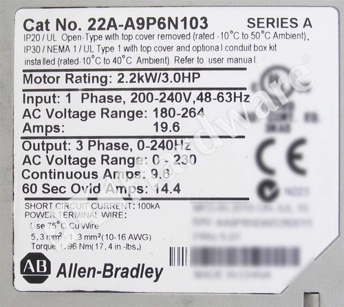 Allen Bradley 22A-A9P6N103 /A PowerFlex 4 240V 1-Ph 9.6A 2.2kW Frame B AC Drive - Picture 6 of 6