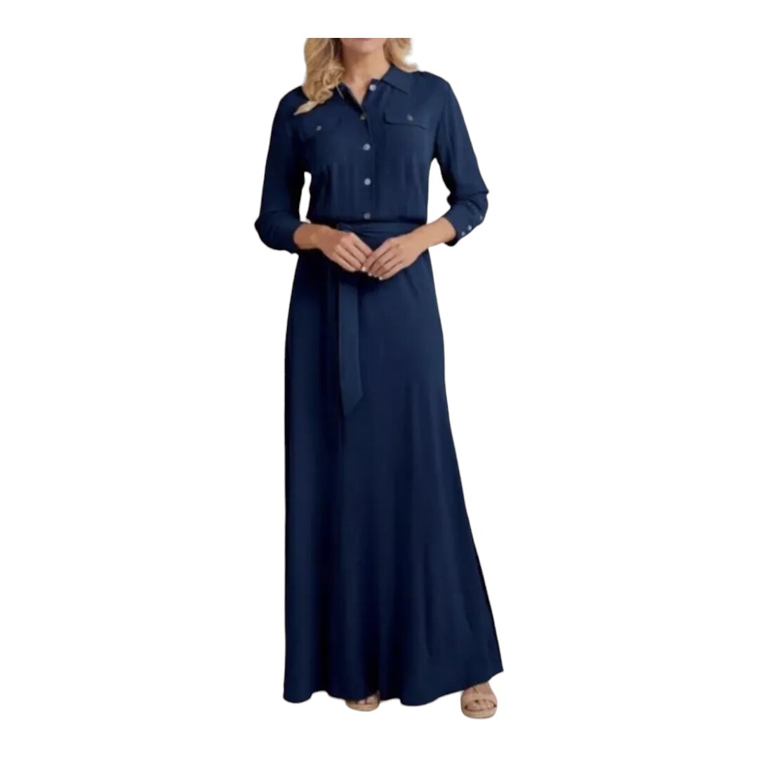 Soft Surroundings Savannah Navy Maxi Dress Fit And Flare Belted Button Size PS