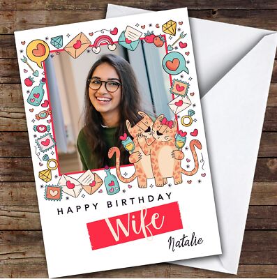 Personalisierte Doodle Symbole romantische Katzen Foto romantisch Happy Birthday Frau Karte