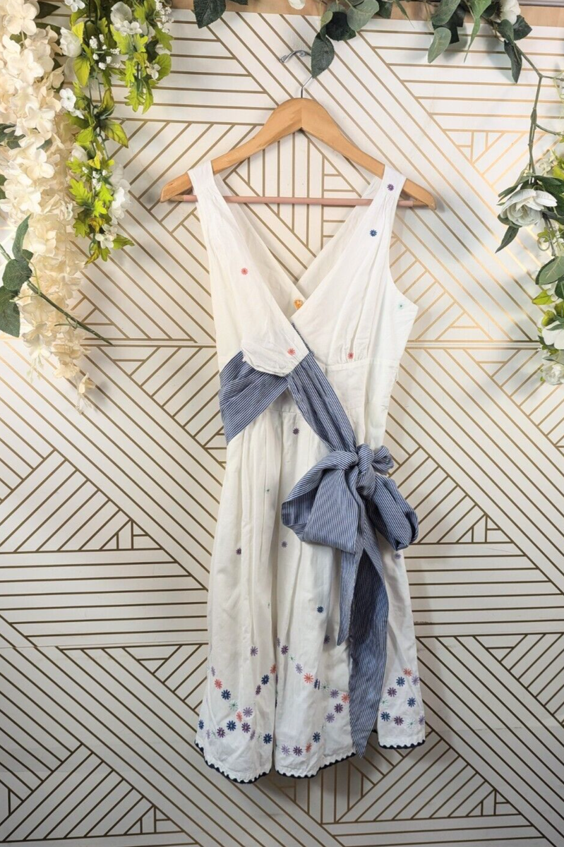 Anthropologie Maeve Slvls Floral embroidered Striped Tie Back Dress Sz 4  FLAW