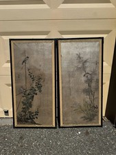 Signed Vintage Asian Silk Painting 36x24 Birds Bamboo Floral Framed Wall Art Set