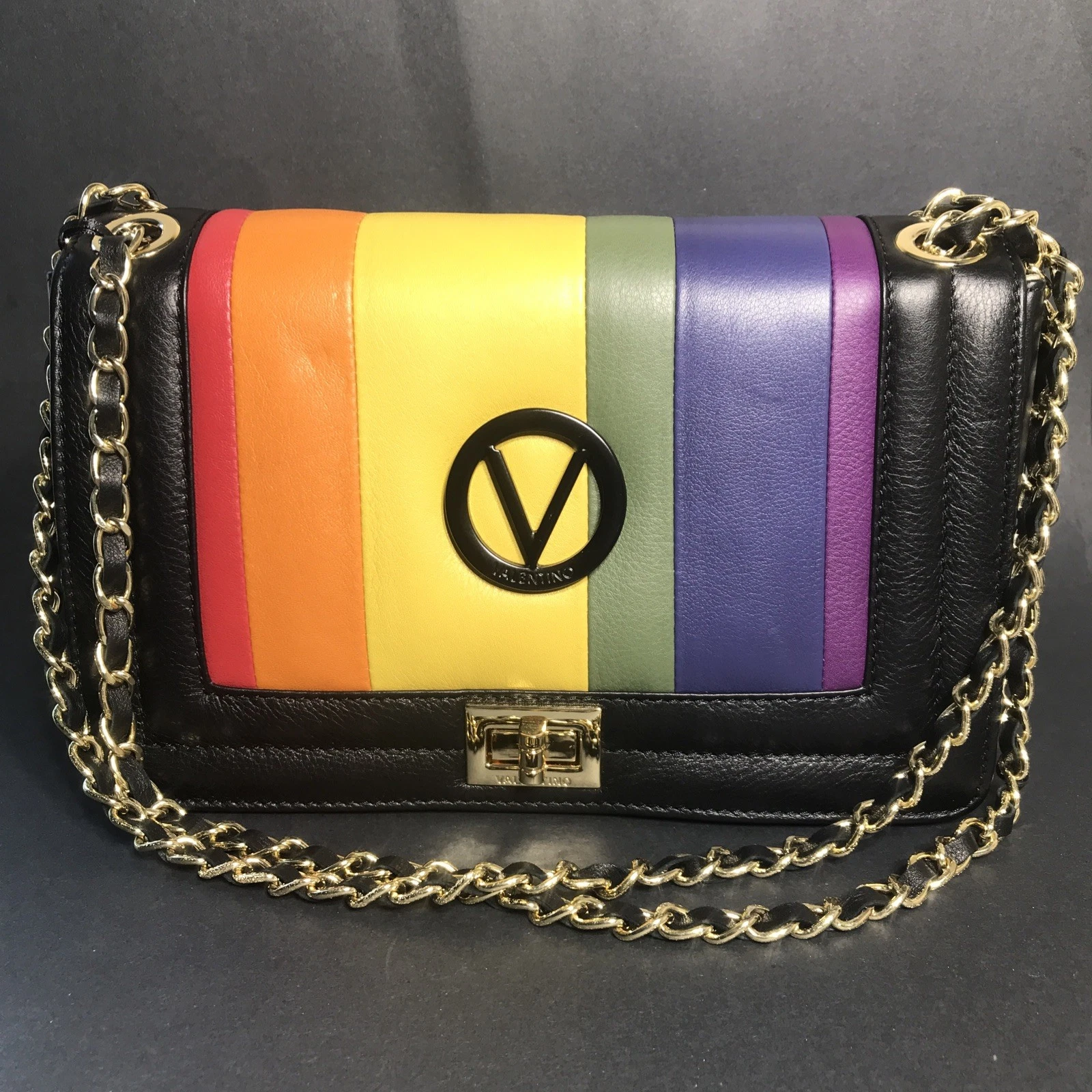Valentino — VALENTINO Rainbow Mini Lock Bag Mulitcolor Leather Rainbow Stripe Rare Hand Bag