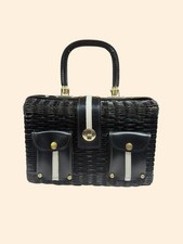1960s Black White Wicker Handbag Hong Kong Box Purse Top Handle Vintage Bag