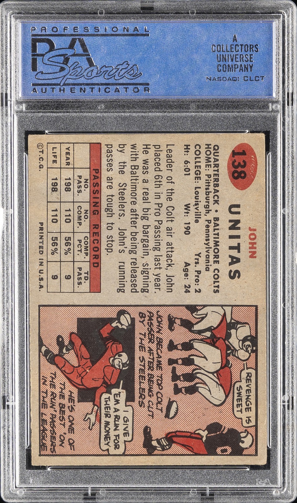 1957 TOPPS #138 JOHN UNITAS ROOKIE RC PSA 5 view 2