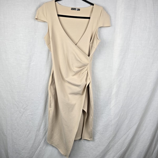 Boohoo NIGHT Size 14 Bodycon Dress Ruched Side V Neck Leg Split 17" Bust **READ 