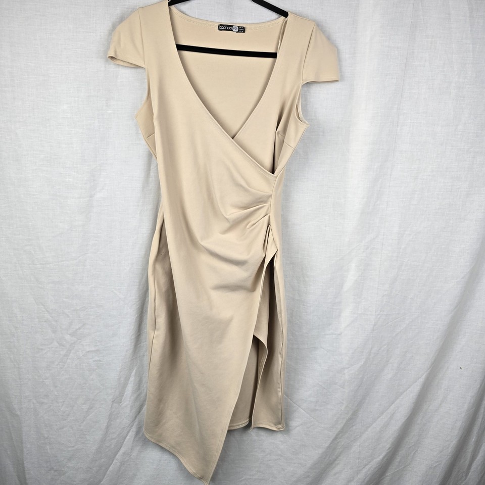 Boohoo NIGHT Size 14 Bodycon Dress Ruched Side V Neck Leg Split 17" Bust **READ 