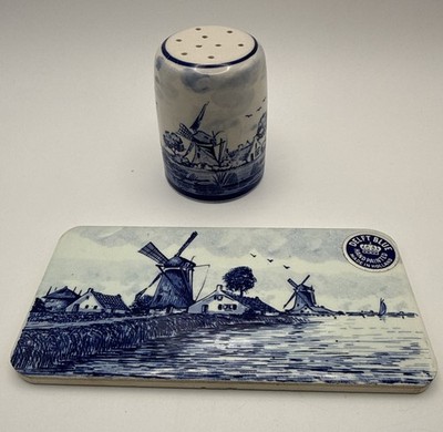 Vintage Delft Blue Holland Windmill Tile & 1 Shaker Hand Painted Dutch Decor