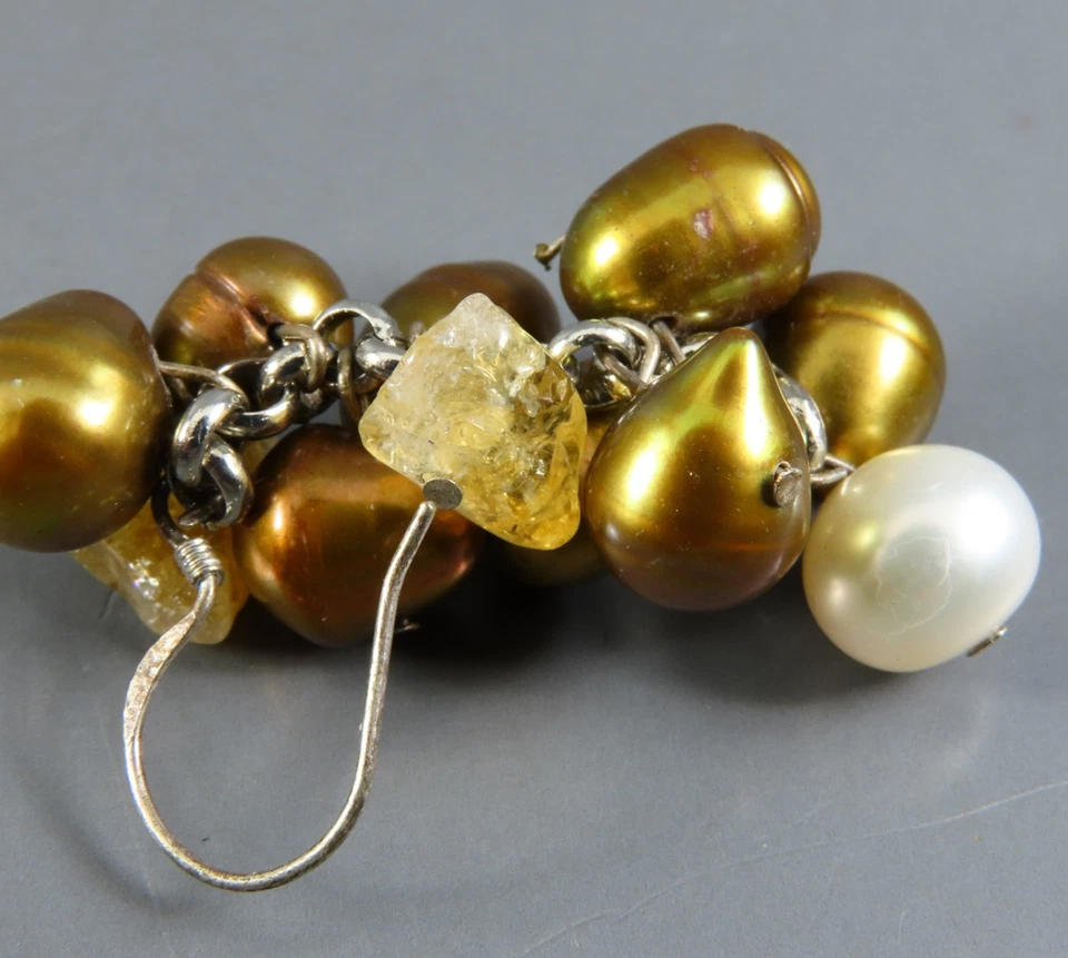 PLATA ESTERLINA Pendientes Colgantes Racimo BRONCE Y CREMA PERLAS Naranja Citrino Foto 3 de 4