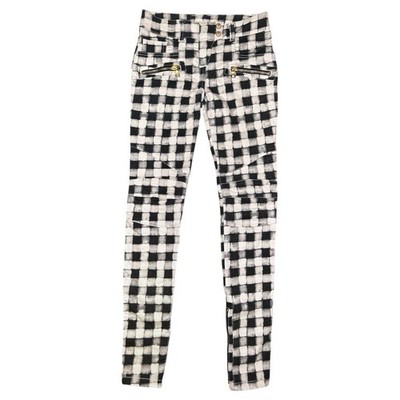 BALMAIN Black & White Checkered Biker Skinny Jeans Moto Women's