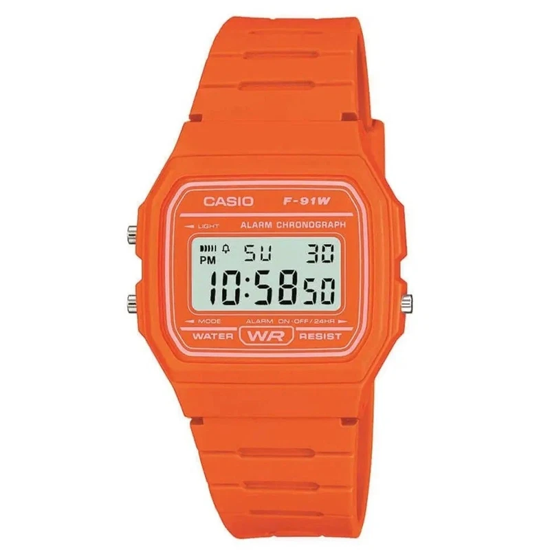 Casio F-91W in orange resin with a buckle strap