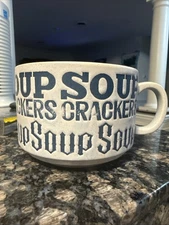 SOUP and Crackers Mug Stoneware Gray Speckled Blue Letters Vintage Soup Bowl