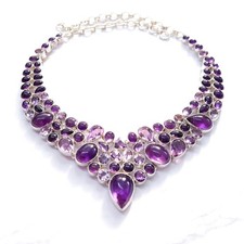 Amethyst Cluster Necklace in 925 Sterling Silver  Royal Purple Cut & Cab Jewelry