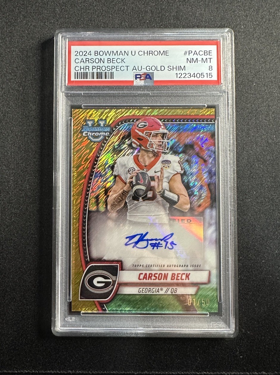 2024 Bowman University Chrome Carson Beck CHR Prospect AU-Gold Shimmer Auto /50