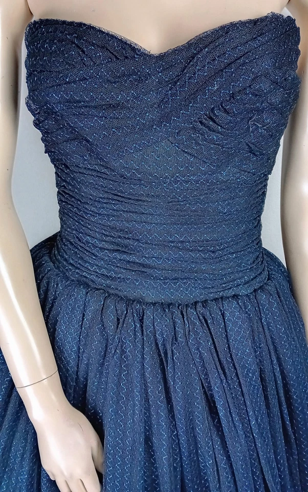 Vintage 1950s Black & Blue Strapless Full Skirt Lace Evening Ballgown Dress XS S - Image 2 of 4
