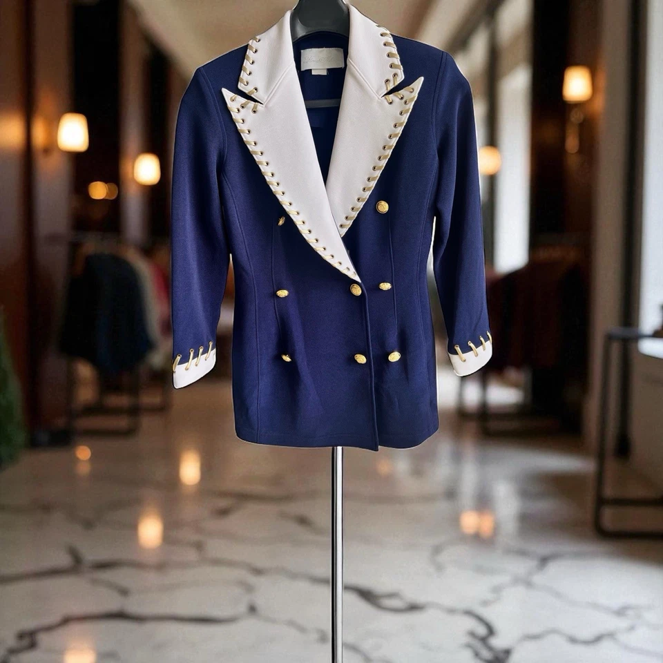 Rare Flora Ashley Blazer Navy White Nautical British Military Gold Buttons Sz S - Image 2 of 4