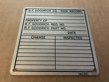 Vintage B.F. GOODRICH Tire Co Aluminum Metal Sign Tag TOOL RECORD Akron OH #1