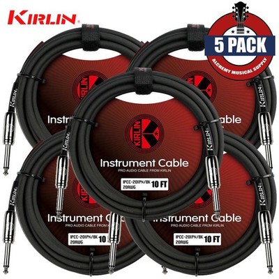 5-PACK Kirlin 10FT 1/4'' Mono Plug To Same 20AWG Instrument Cable Black